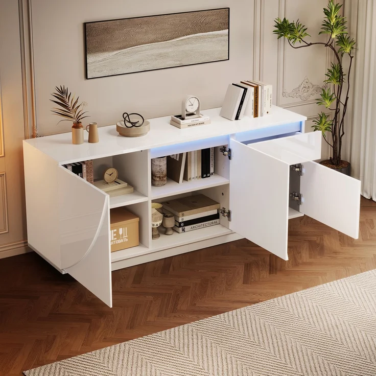 Sideboard 140 cm mit LED, Weiß Hochglanz, moderner Aufbewahrungsschrank mit 3 Türen, 1 Schublade & verstellbaren Regalen – Bild 1