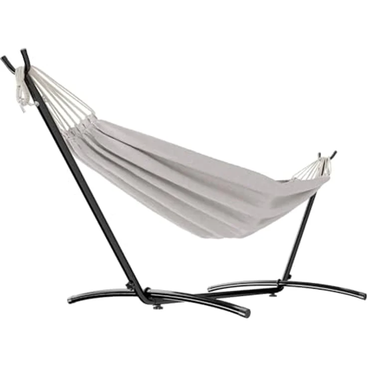 GARMIO Hängematte mit Gestell, 200kg Belastbarkeit, klappbar, inklusive Tragetasche und Zubehör, in Beige, 270x110x105cm – Bild 5