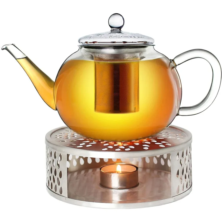 Creano Teekanne Creano Teekanne aus Glas 1,2l + ein Stövchen aus Edelstahl, 3-teilige, (Set, 4-St)
