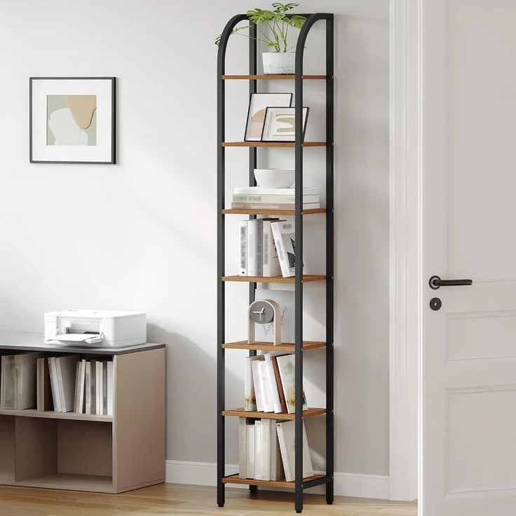 Regal, Bücherregal, 7 Ebenen Standregal, DVD-Regal, Schmale Regale, Industriestil Büroregal, Metallrahmen für Wohnzimmer, Schlafzimmer, Küche, Vintagebraun-Schwarz – Bild 1