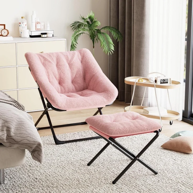 Relaxsessel Ohrensessel Klappsessel Kaninchenfell Rosa – Bild 7
