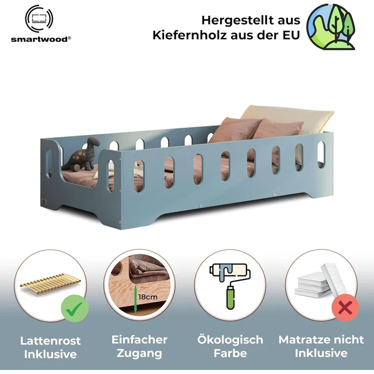 smartwood Kinderbett Bodenbett 140x190 mit Rausfallschutz & Lattenrost - Blau - Kinder Montessori Bett TILA 2B mit glatten Kanten - Betten für schnelle Montage - Bis 300 kg belastbar – Bild 3