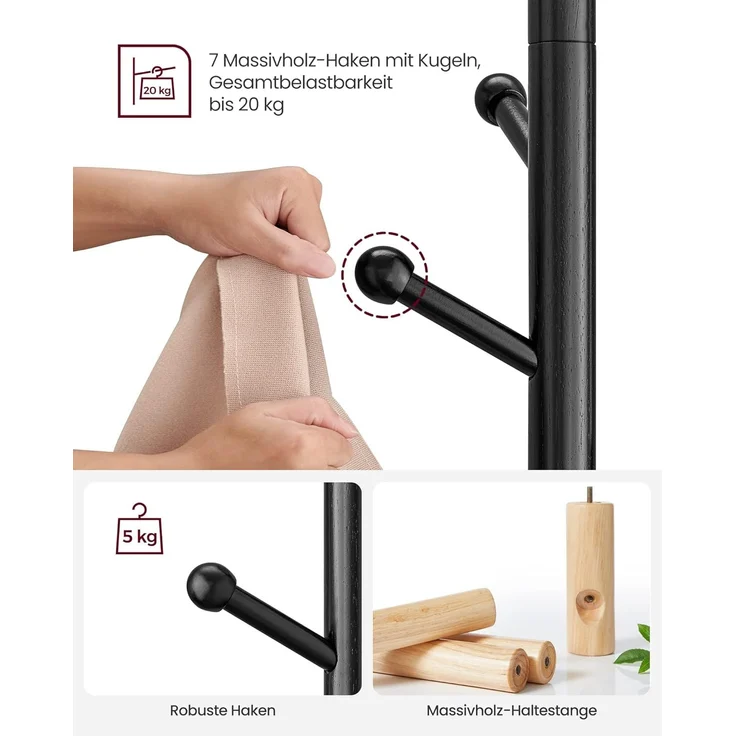 VASAGLE Garderobenständer, Kleiderständer Massivholz, Jackenständer Baumform, 7 Haken für Jacken, Hüte, für Flur, Haken und Haltestange aus Kautschukholz, tintenschwarz RCR007P33 – Bild 4