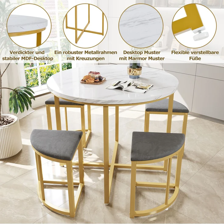 Essgruppe rund 80 cm mit 4 Stühlen, Esstisch Set mit MDF Tischplatte & vergoldetem Metallgestell mit Samtpolster Stühlen – Bild 4