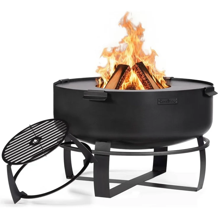 Cook King Stahl SET: Feuerschale XXL „VIKING“ 80 cm mit Grillplatte 78 cm (4 Griffe) und hohem Grillrost für die 78 cm Grillplatte Schwarz
