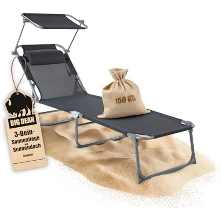 BigDean Sonnenliege klappbar mit Kopfkissen & Dach extra hoch dunkelgrau 150 kg belastbar - hochwertige Gartenliege für Balkon, Garten & Strand – Bild 2