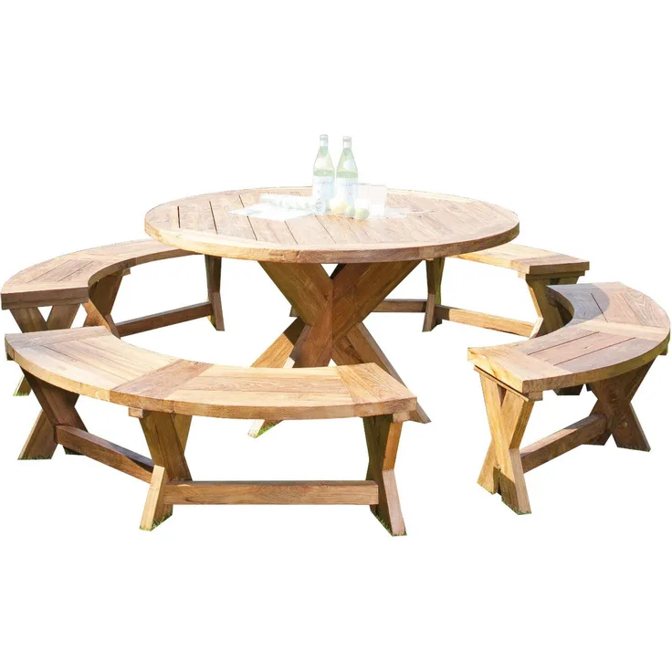 Sonnenpartner 5-teilige Sitzgruppe Quantum rund Ø 150 cm Teakholz Old Teak Gartenbank Esstisch