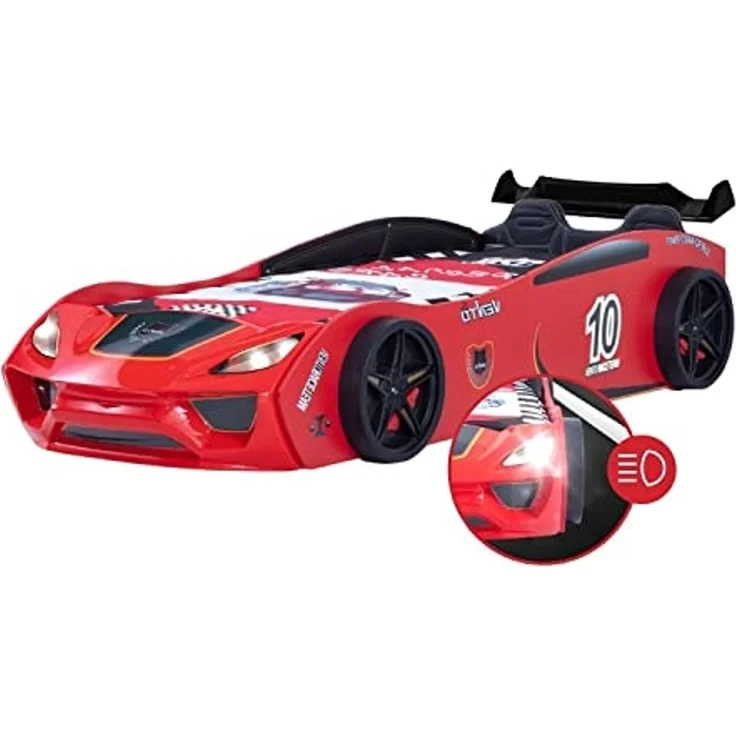 Coemo Autobett DREAM RACER (Spielbett mit Spoiler), Rot Kinderbett 90x200 Sportsitz Rückenpolster, Lattenrost LED-Licht – Bild 1