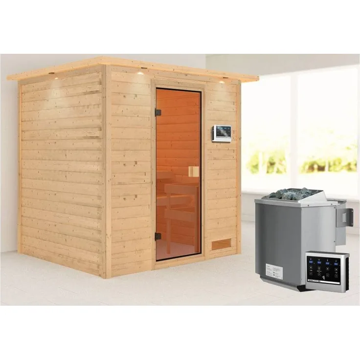 Karibu Sauna Adelina mit Dachkranz + 9kW BIO-Kombiofen mit ext. Steuerung Easy