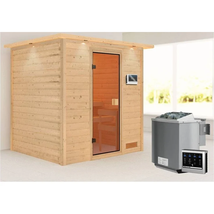 Karibu Sauna Adelina mit Dachkranz + 9kW BIO-Kombiofen mit ext. Steuerung Easy – Bild 1