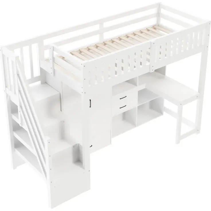Hochbett mit Schreibtisch, Kleiderschrank, Regal, Lattenrost und Rausfallschutz, 90x200cm, Kinderbett, Stauraum, Jugendbett, Kiefer – Bild 9