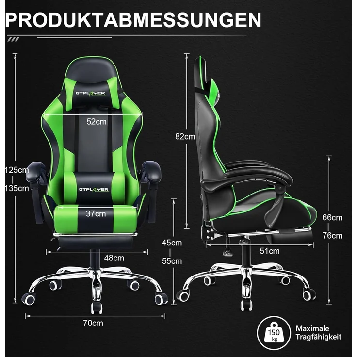 GTPLAYER Bürostuhl Gaming Stuhl Gaming Sessel Ergonomischer Gamer Stuhl mit Fußstütze, Kopfstütze Lendenkissen, Gepolstert Gaming Chair, Drehsessel Grün – Bild 6