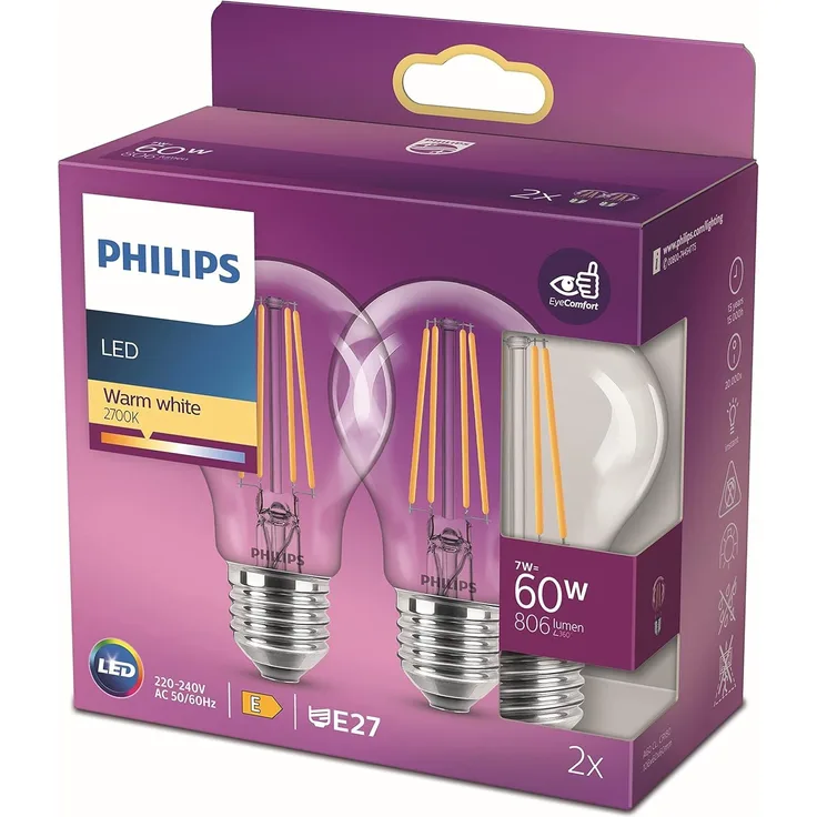 Philips LED classic Lampe 60W E27 Warmweiß 806lm klar 2erPack