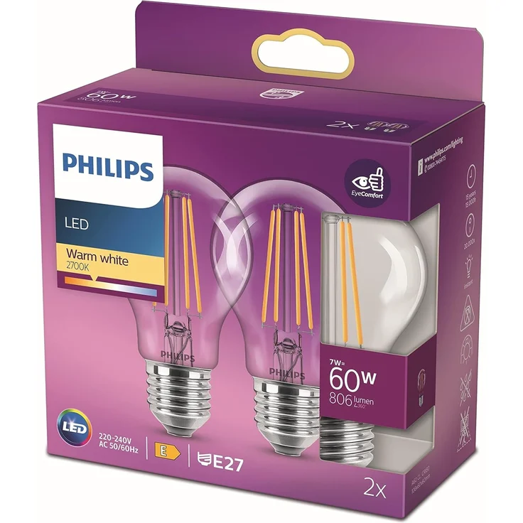 Philips LED classic Lampe 60W E27 Warmweiß 806lm klar 2erPack – Bild 1