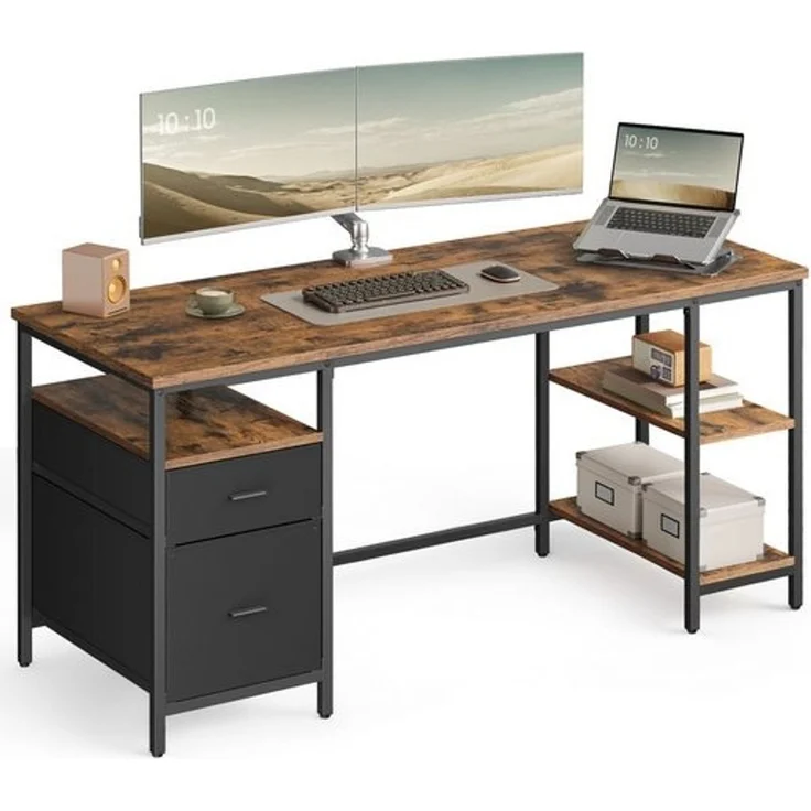 VASAGLE Computertisch, Bürotisch, Schreibtisch, mit 3 Ablagen, 2 Schubladen, 60 x 160 x 76 cm, fürs Büro, Wohnzimmer, moderner Stil, vintagebraun-schwarz – Bild 2