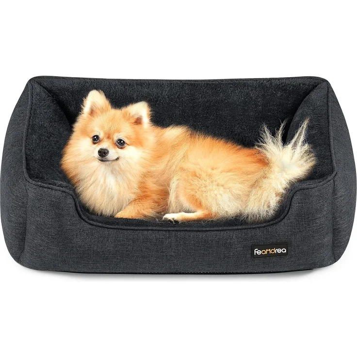 Feandrea Hundebett, Hundekissen in Leinenoptik, Hundekorb, erhöhte Ränder, rutschfeste Unterseite, Bezug abnehmbar waschbar, M, für kleine Hunde, 70 x 55 x 21 cm, dunkelgrau PGW010G01 – Bild 1