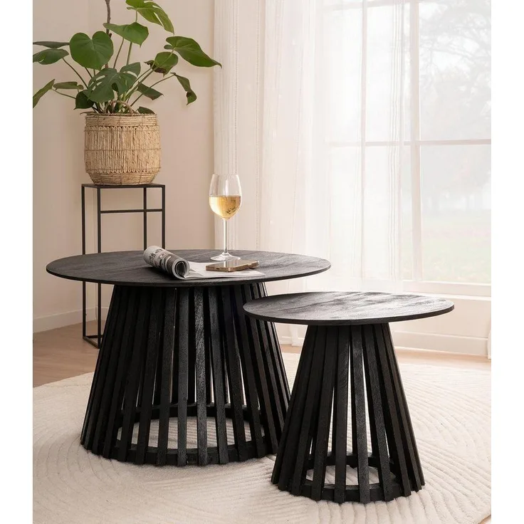 Gutmann Factory Couchtisch 2-teiliges Set CORBY, Schwarz, Mangoholz massiv, Ø 70 x H 45 cm, Ø 45 x H 40 cm