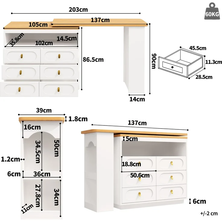 Merax Hochwertiger Ausziehbarer Bartisch mit 360° Drehfunktion und Stauraum, Längenverstellbar von 138-203cm, Rollbarer Bar Tisch mit Schubladen, Weiß – Bild 4