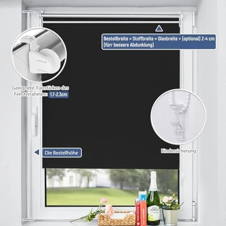 Verdunkelungsrollo ohne Bohren Klemmrollos für Fenster Schwarz B85 x H150 cm Thermorollo Sichtschutz Sonnenschutz Rollo innen – Bild 5