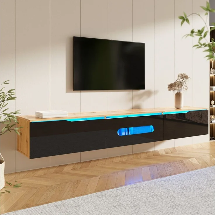 Merax Lowboard (180 L x 35 B x 30 H, 1 St), Hochglanz TV-Schrank mit LED-Beleuchtung und klappbarem Stauraum – Bild 3