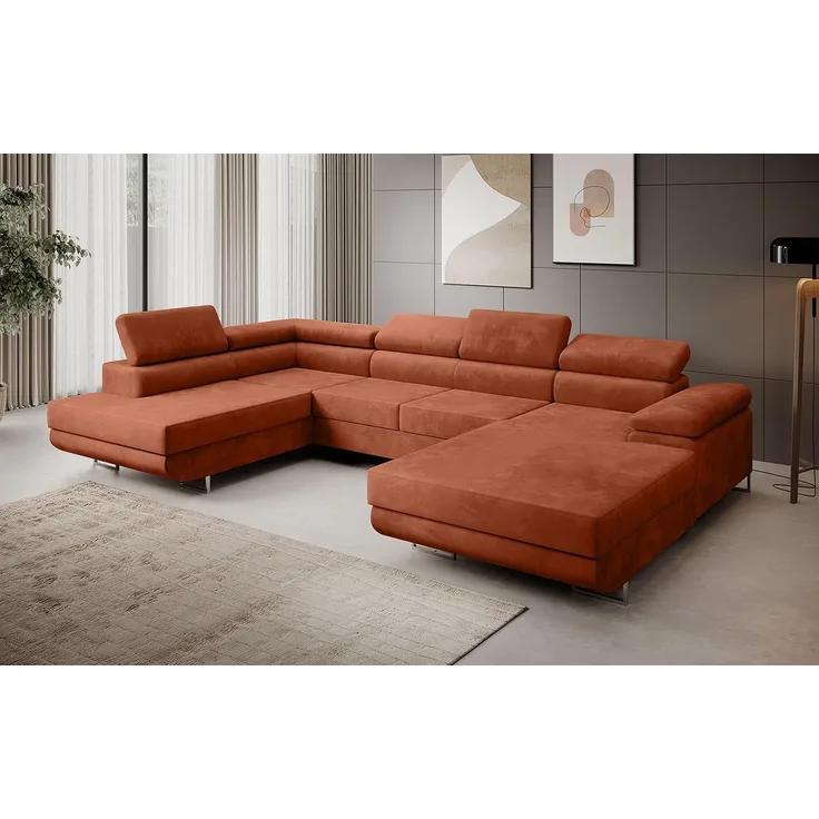 Ecksofa MARGO U- Form, moderne Couch mit Schlaffunktion, verstellbare Kopfstützen, zwei Bettkästen, große Polstercouch – Monolith 61, 72 x 203 x 347 cm