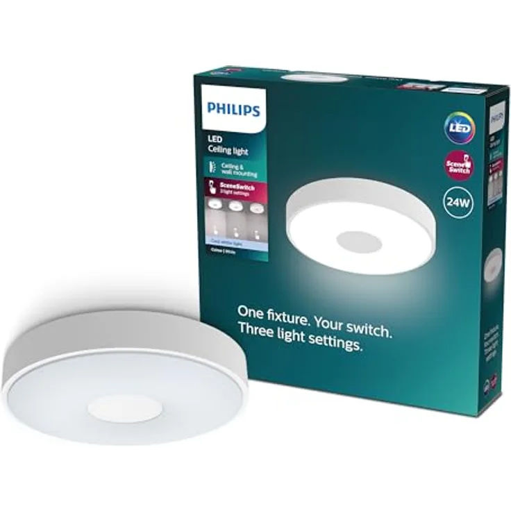 Philips Coiner SceneSwitch LED Deckenleuchte, rund, 24 W, 2800 Lumen, 4000 K, Weiß, IP20, 3 Lichteinstellungen