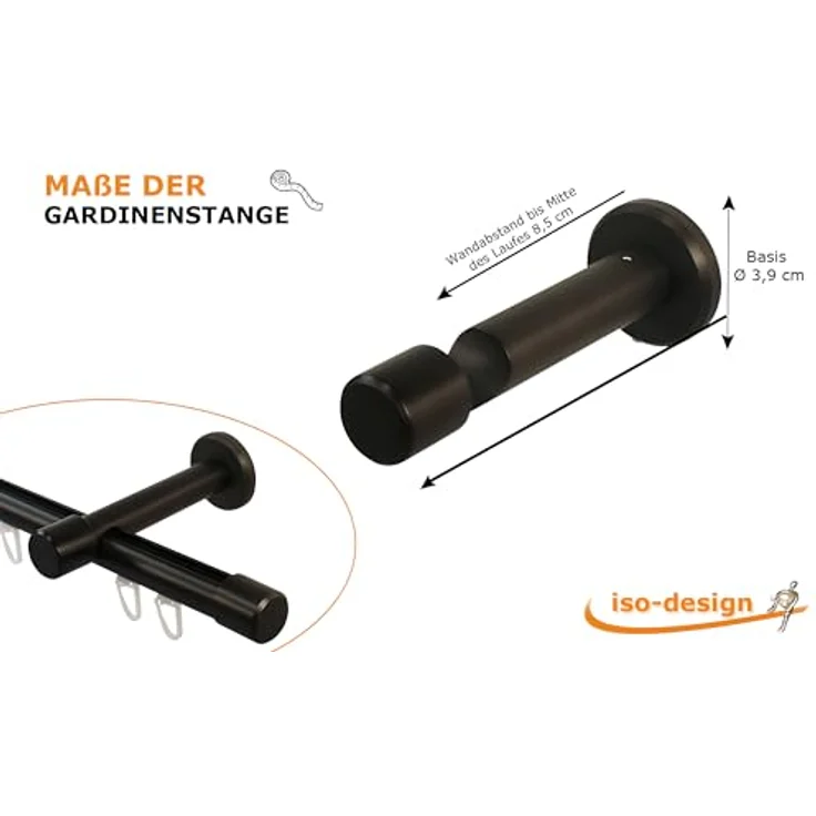 iso-design Gardinenstange Innenlauf 20 mm 1-läufig Endstück Kappe Wandabstand 8 cm, Ø 20 mm, 1-läufig, Fixmaß, mit Bohren, Aluminium – Bild 7