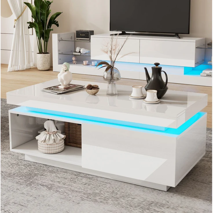 Couchtisch mit LED-Beleuchtung und Schublade, moderner Wohnzimmertisch, Stauraum – Bild 2