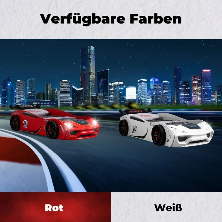 Autobett VENTO Kinderbett 90x200 cm Rennwagen-Bett inkl Lattenrost, Spoiler, LED-Licht, Farbe Weiß – Bild 7