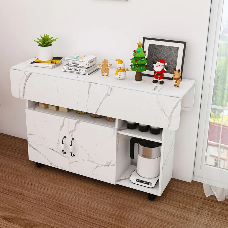 Flieks Mobile Kücheninsel 110x70x80 cm, klappbarer Küchentisch mit Rollen, Ablageböden & Stauraum, Esstisch und Sideboard, Weißes Marmormuster – Bild 2