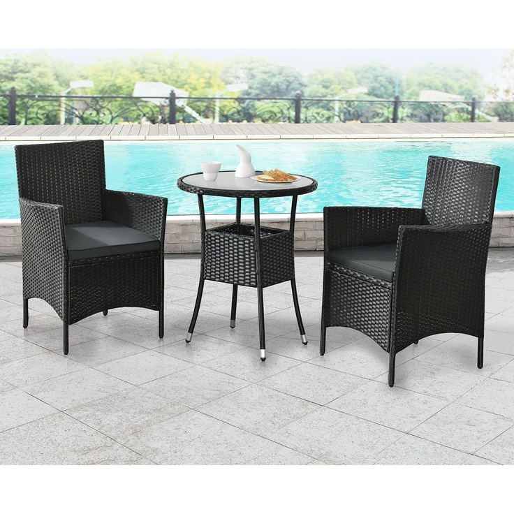 Juskys 'Bayamo' Balkon-Set für 2 Personen – Tisch, 2 Stühle mit Auflage, Polyrattan schwarz / grau – Bild 9
