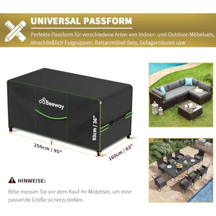 BEEWAY Gartenmöbel Abdeckung V2.0, wasserdicht 250x160x92cm, Schutzhülle aus 420D Oxford Gewebe, Anti-UV, winterfest, inkl. Tragetasche – Bild 2