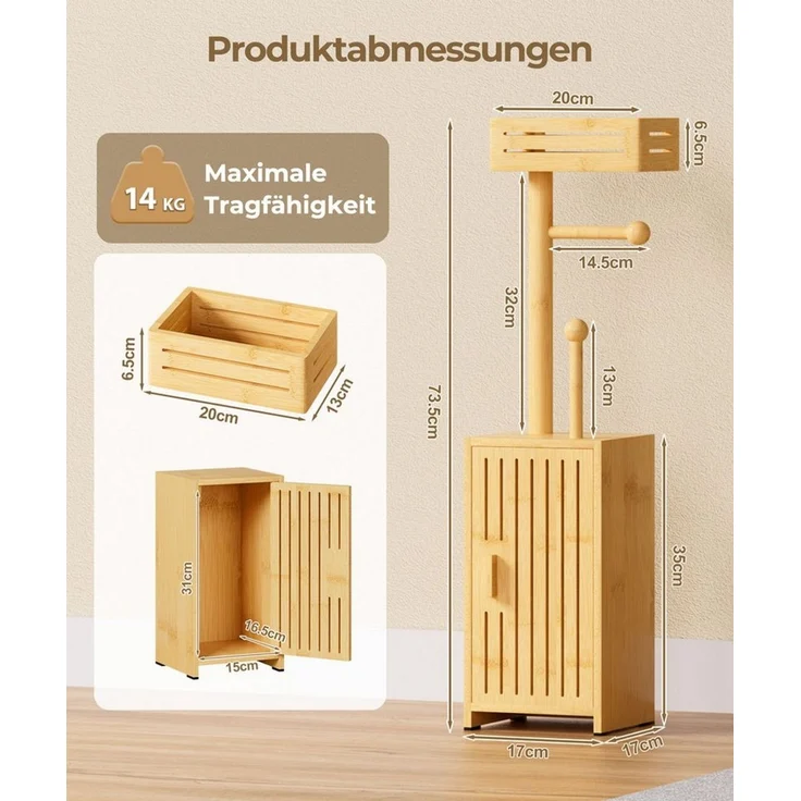 Yorbay Toilettenpapierhalter Schmaler Aufbewahrungsschrank mit Ablagefläche & Rollenhalter, Bambus Badezimmerschrank 20 x 17 x 73.5 cm – Bild 4