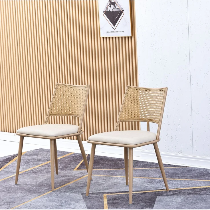 Esszimmerstuhl 80cm×48cm×50cm, 2er-Set in Beige mit Rattan-Rückenlehne und PU-Sitz – Bild 3