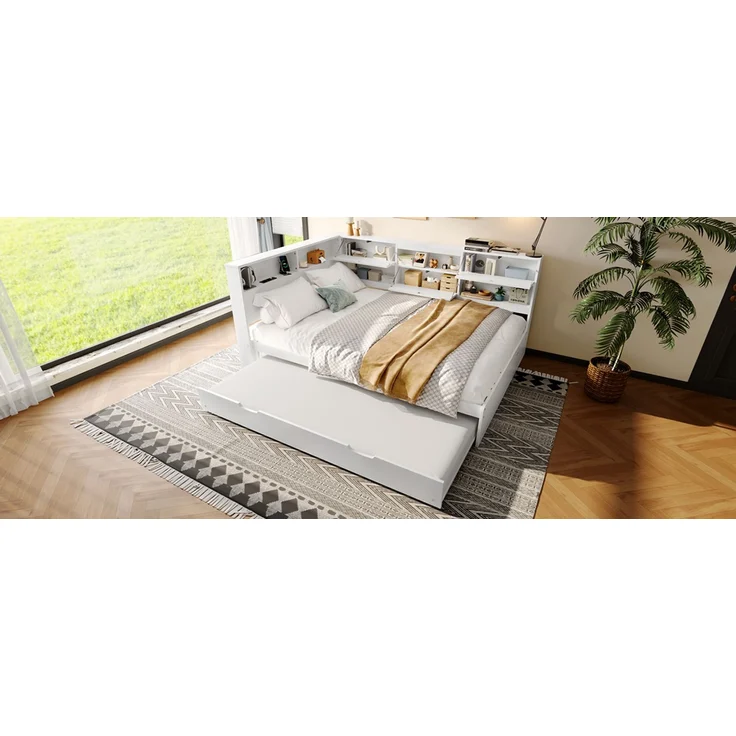 ZUBALIYA Tagesbett 140x200 cm, mit Ausziehfunktion für zusätzliche Liegefläche, mit USB - Ladeanschluss am Bett, mit integrierter Steckdose, Weiß – Bild 24