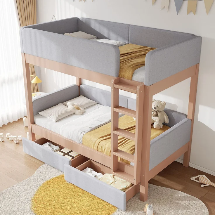 Etagenbett mit gepolstertem Rausfallschutz und Schubladen, 90x200cm, Kinderbett mit Trittleiter und Lattenrost, Massivholz – Bild 2