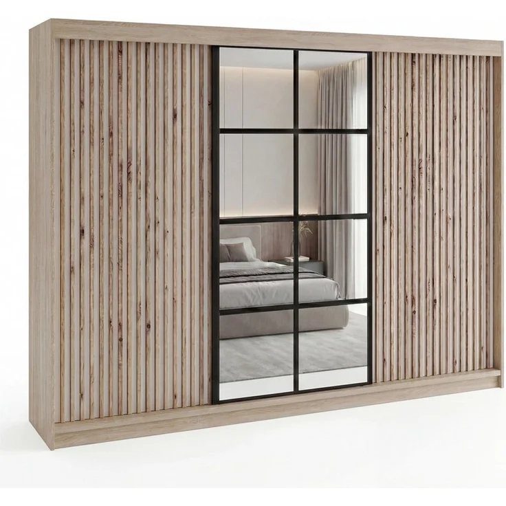 A&J MöbelLand 'NORIVO' Schwebetürenschrank, 200 cm, mit Spiegel und 3D-Lamellen, Sonoma, Lamellen: Weiß, Standard – Bild 1