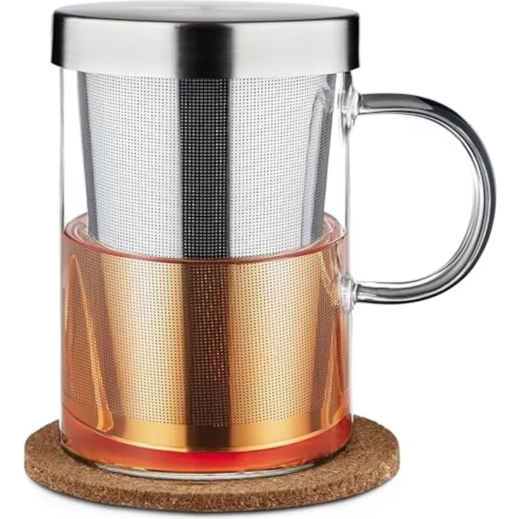 Cosumy Teeglas Teetasse mit Deckel und Sieb - Teeglas mit Sieb & Untersetzer 400ml, 1-tlg, Glas, Zubereiter inkl. Untersetzer - Geschenk Tasse - Feinmaschiger Filter
