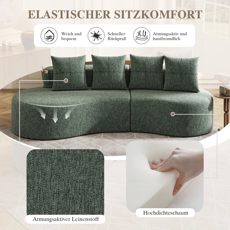 Großes Stoffsofa 240 cm mit Getränkehaltern, Seitentaschen und 4 Kissen, gepolsterte Couch mit Schaumstoff und Federleisten für Wohnzimmer, Grün – Bild 6