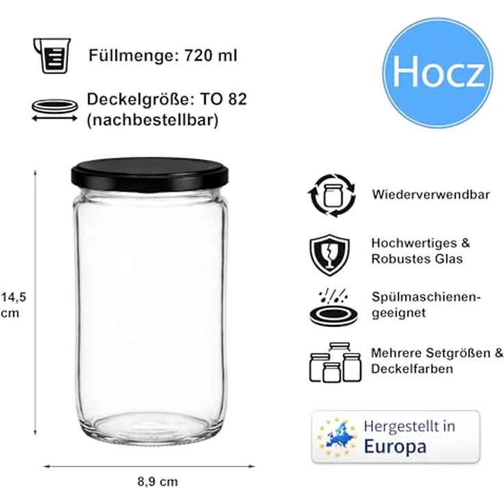 hocz 25x Einmachgläser 720 ml | mit Deckel Schwarz TO 82 | leere Gläser mit Schraubdeckel zum befüllen | Sturzgläser, Schraubgläser, Marmeladengläser Set | 25 Stück – Bild 2