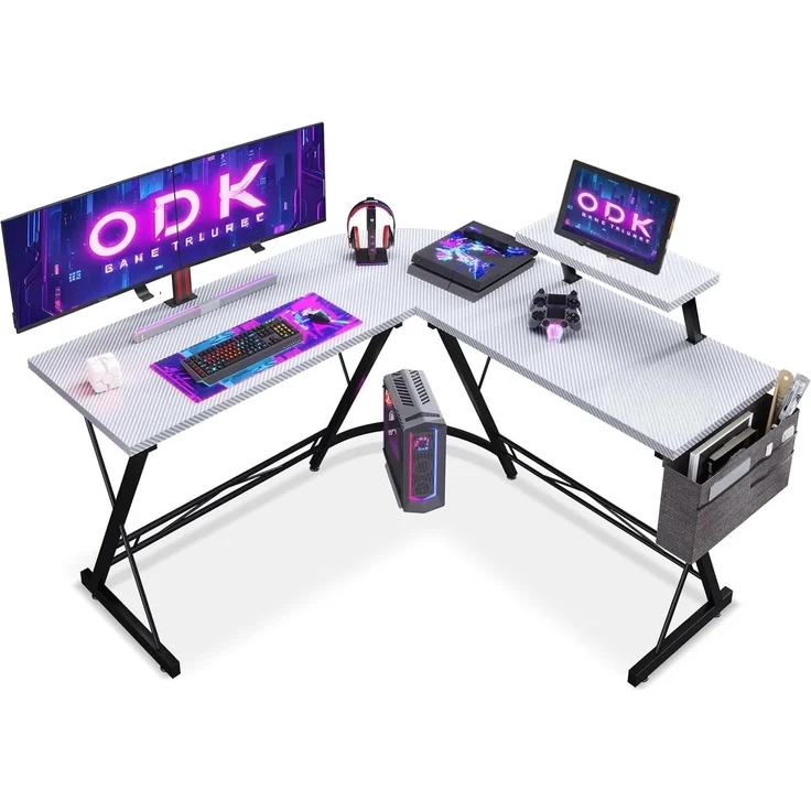 ODK Gaming Tisch, Computertisch, Gaming Schreibtisch mit runder Ecke, Gaming-Tisch mit Monitorablage (Kohlefaser Weiß, 127x127 cm) – Bild 1