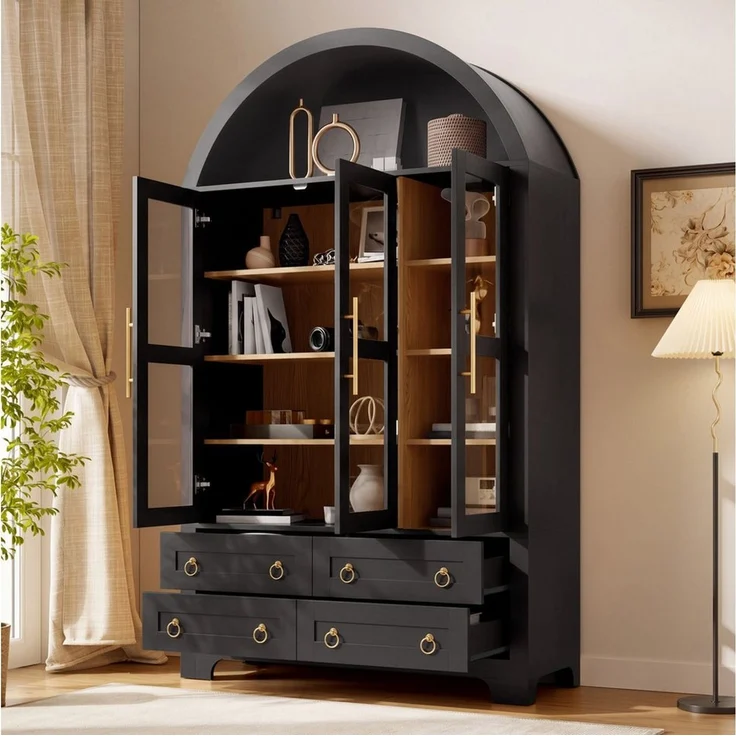 Merax Hochschrank Bogen-Mehrzweckschrank Glasvitrine mit Aluminiumgriffen (Anrichte Sideboard Aufbewahrungsschrank, 1-St, 110 L x 40 B x 185 H cm) Wohnzimmerschrank mit 3 Glastüren,4 Schubladen, offenem Rundbogen-Fach – Bild 4