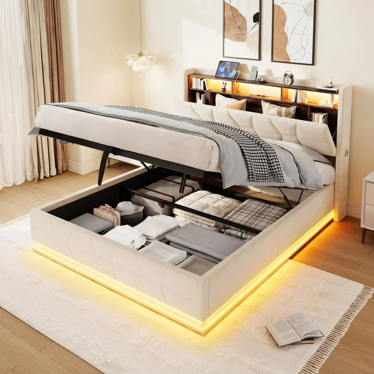 LVHOM Doppelbett 140x200cm mit LED&USB, Polsterbett mit hydraulischem Stauraum, Samtstoff, Beige – Bild 1