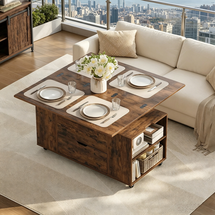 EINHOM Mobiler Couchtisch, Kleiner Esstisch, Lift-Top Wohnzimmer Tisch mit Abschließbarer Rolle, Beistelltisch, Studientisch (Nur Mit 1Pcs Studientisch) – Bild 3