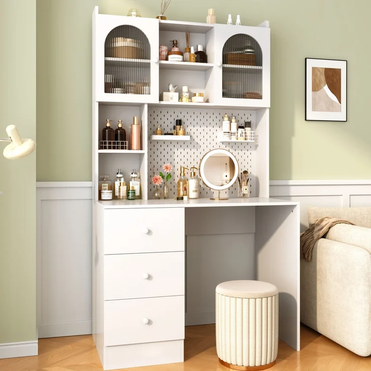 Schreibtisch 100 x 55 x 180 cm mit Pinnwand, Glasfronten und 3 Schubladen – MDF, Weiß – Bild 3