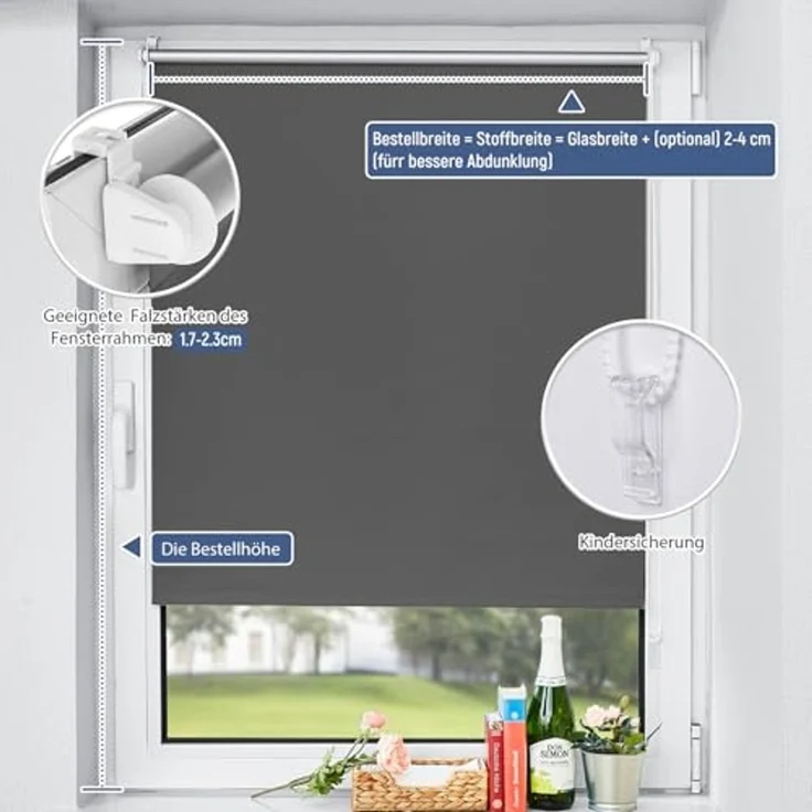 Verdunklungsrollo Klemmfix Rollo ohne Bohren Dunkelgrau B90 x H170cm-Stoffbreite 85cm Fenster Verdunkelung Jalousie Jalousien Sonnenschutz Fenster innen ohne Bohren – Bild 5