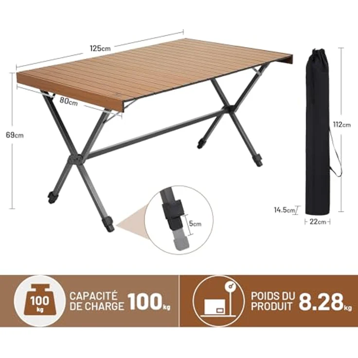 TIMBER RIDGE Campingtisch Klappbar 125x80cm Höhenverstellbar XXL Klapptisch Camping Multifunktional Gartentisch tragbarer Falttisch groß 6 Personen für Outdoor Picknick Kochen Garten Wandern Reisen – Bild 3