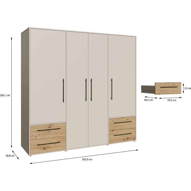 Drehtürenschrank >MOKKARIS< sandfarbig / Artisan Eiche Dekor - 205,9x200,1x58,8cm (BxHxT) – Bild 7