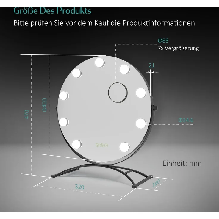 EMKE Runder Schminkspiegel Hollywood Spiegel mit Beleuchtung LED Tischspiegel, mit Touch, 3 Lichtfarben,9 Dimmbaren LED-Leuchtmitteln,7 x Vergrößerungsspiegel,Memory-Funktion, 360° Drehbar,Schwarz,40 cm – Bild 5