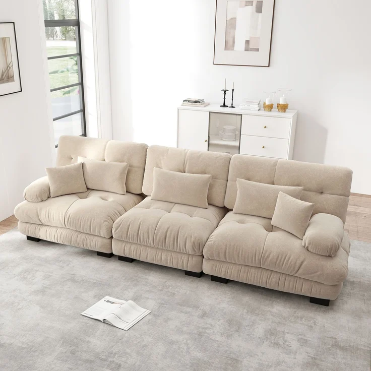 3-Sitzer Modulares Ecksofa mit Tiefensitz,80% Chenille Schlafsofa Komfortabel Gepolstert für Wohnzimmer Apartment Studio Büro,Chenille,Hellbraun, – Bild 2